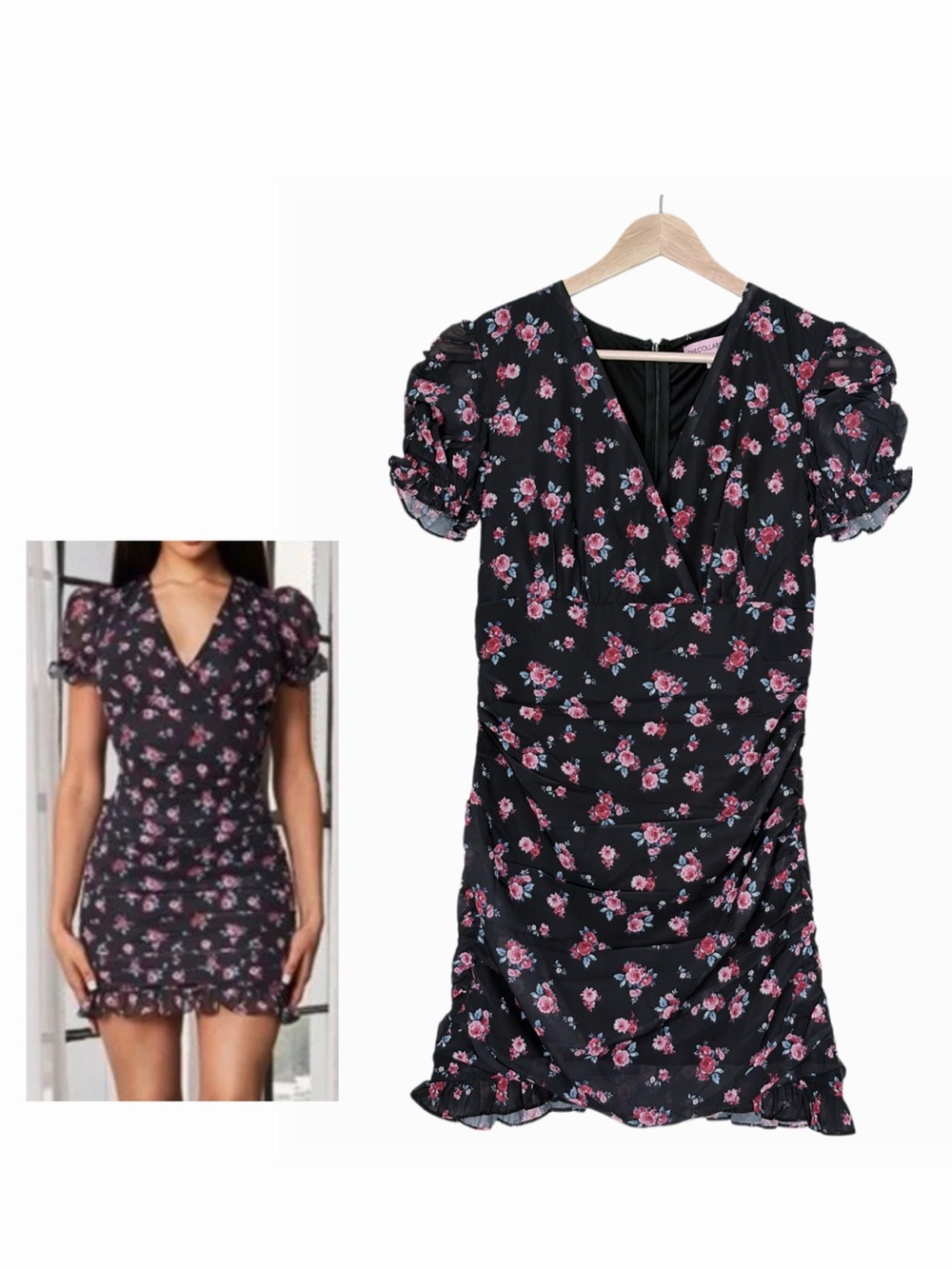The Collab Style Black Floral Mesh Ruffled Puffed Sleeve Ruched Mini Dress Small